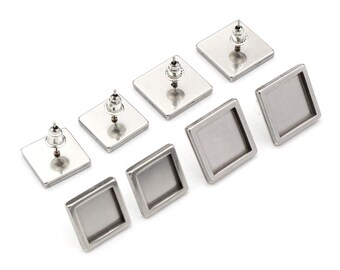 10pcs 10/12mm Inner Size Stainless Steel Square Earring Studs Blank Base Thick Earrings Cabochon Trays DIY Jewelry Findings