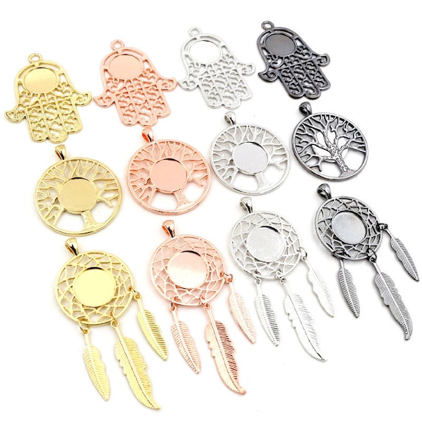 5pcs 14mm Inner Size High Quality Rhodium Gold ColorTree Leaf Feather Wings Fame Style Cabochon Base Cameo Charms Pendant