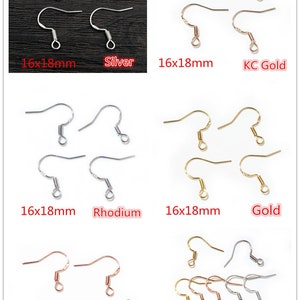May include: Four sets of earring hooks in different finishes: silver, rhodium, gold, and rose gold. Each set includes four hooks, measuring 16mm x 18mm. The last set is a mix of all four finishes.