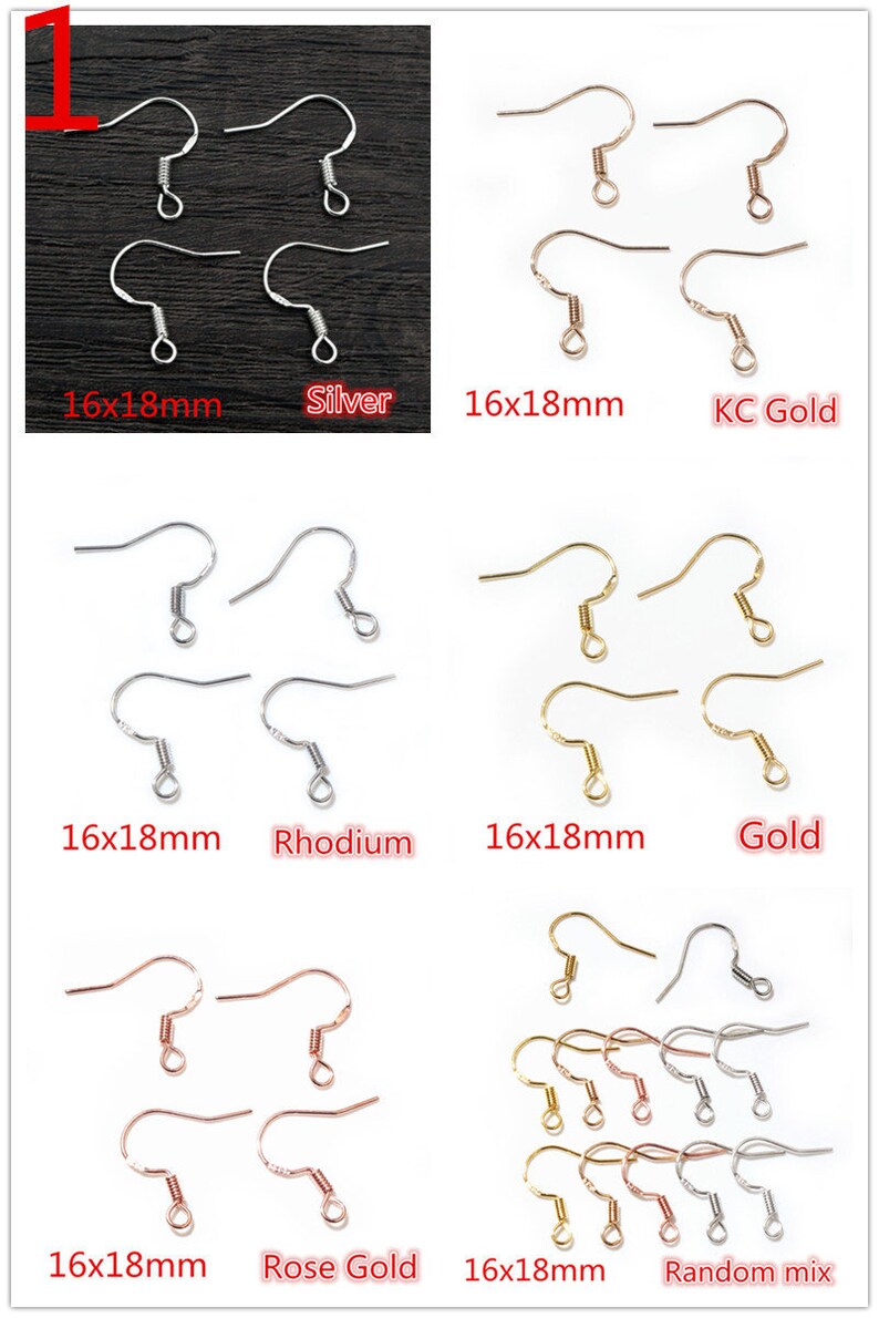 May include: Four sets of earring hooks in different finishes: silver, rhodium, gold, and rose gold. Each set includes four hooks, measuring 16mm x 18mm. The last set is a mix of all four finishes.