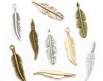 30pcs 3-styles Feather Charms Pendants Bronze Antique Silver Plated KC Gold DIY Jewelry Making Findings for Necklace Bracelet