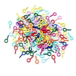 May include: A large assortment of colorful plastic screw-in hooks. The hooks are in various colors, including red, blue, green, yellow, pink, and orange.