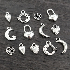 40pcs Antique Silver Plated Moon Heart Small Charms Pendant DIY Handmade Jewelry Findings for Bracelet Necklace Accessories image 1