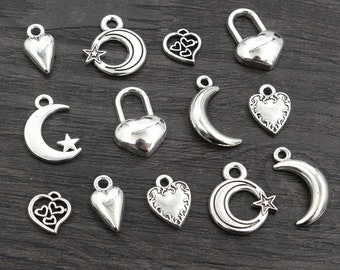 40pcs Antique Silver Plated Moon Heart Small Charms Pendant DIY Handmade Jewelry Findings for Bracelet Necklace Accessories