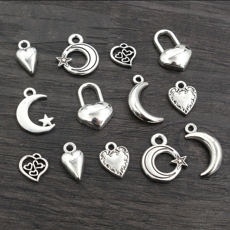 40pcs Antique Silver Plated Moon Heart Small Charms Pendant DIY Handmade Jewelry Findings for Bracelet Necklace Accessories image 1