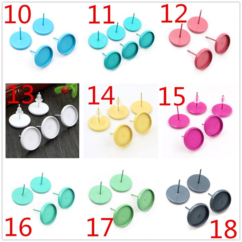 20pcs 8/10/12/14mm Multi-Colors Plated Earring Studs, Boucles doreilles Blank/Base, Fit 8mm 10mm 12mm Glass Cabochons, Buttons Earring Bezels image 3