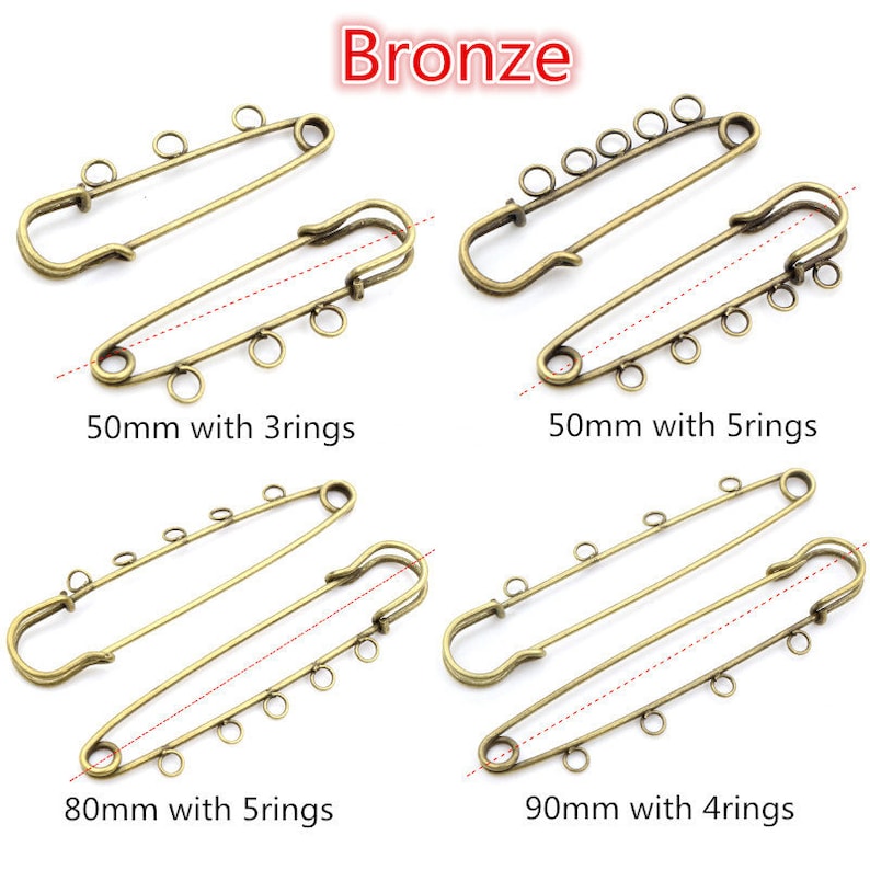5pcs/lot Safety Pins Brooch Blank Base Brooch Pins 50/80/90mm Pins 3/5 Rings Jewelry Pin for Jewelry Making Supplies Accessorie Bronze