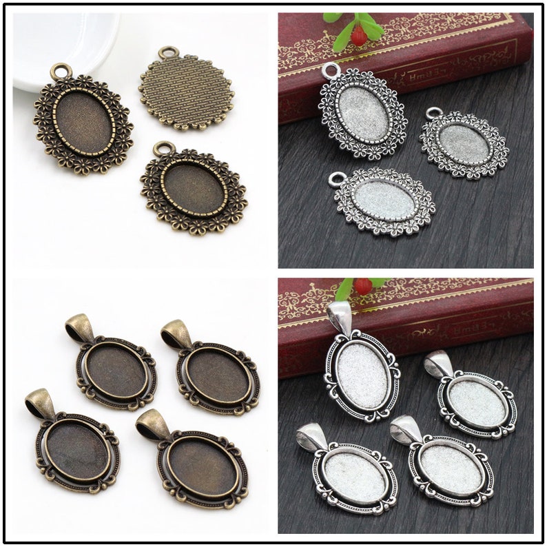 10pcs 13x18mm Inner Size Antique Silver and Bronze and Black Cameo Cabochon Base Setting Charms Pendant necklace findings image 4