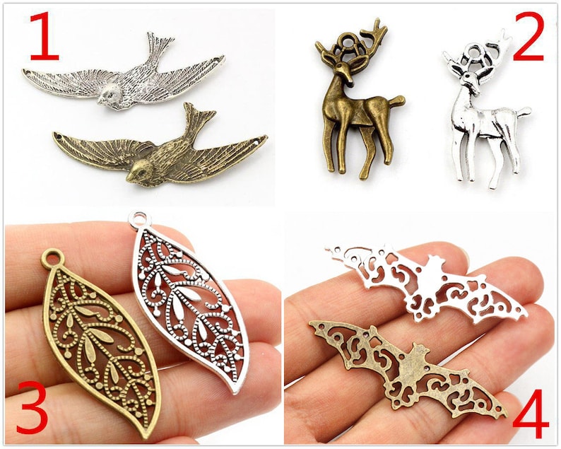 3/10/15/30pcs Antique Silver/Bronze Bird Deer Leaf Handmade Charms Pendant:DIY Jewelry Making Findings for Bracelet Necklace image 1