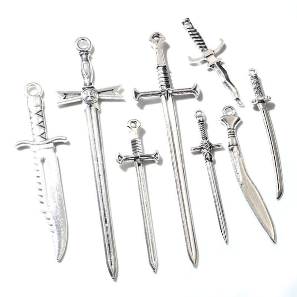 10pcs/lot Antique Silver Plated Sword Blade Charms Pedants DIY Jewelry Making Accessories for Necklace Craft Findings