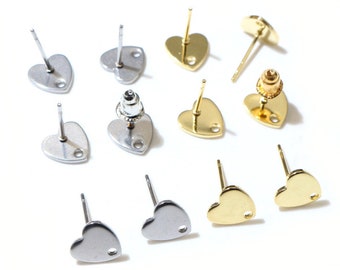 20pcs 8mm Heart 316 Stainless Steel Gold Plated Pin Findings Stud Earring With Hole Connector For DIY Jewelry Making Supplies