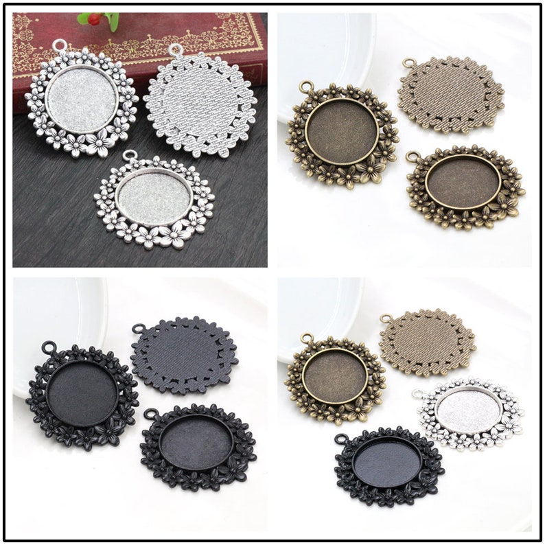 5pcs 25mm Inner Size Antique Silver and Bronze and Black Flowers Style Cabochon Base Setting Charms Pendant image 4