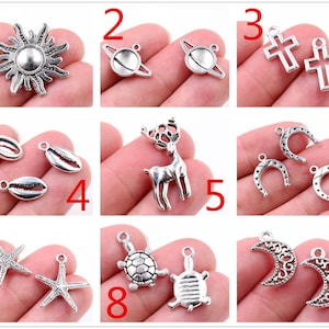 Peut inclure: Neuf pendentifs de charme en argent différents, dont un soleil, des planètes, des croix, des coquillages, un cerf, des fers à cheval, des étoiles de mer et des tortues.