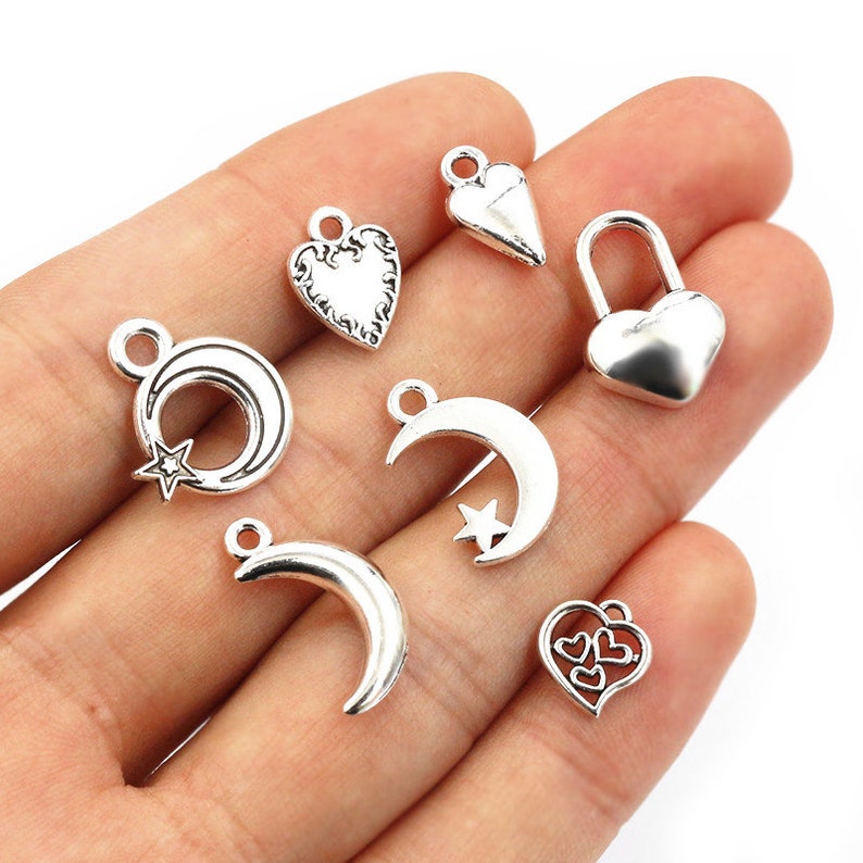 40pcs Antique Silver Plated Moon Heart Small Charms Pendant DIY Handmade Jewelry Findings for Bracelet Necklace Accessories image 2