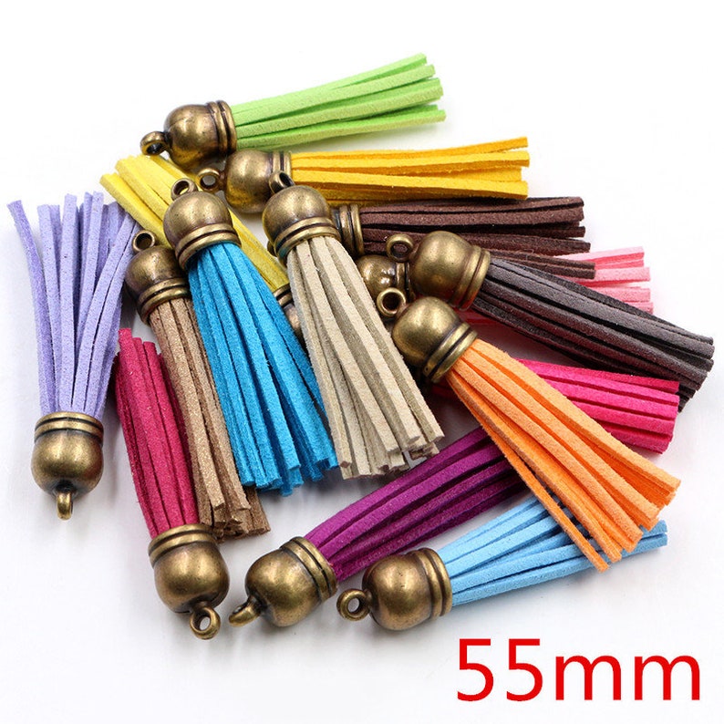 10pcs 38mm 55mm Full length Suede Tassel Per Portachiavi Cellulare Straps Gioielli Charms, Tasseli in pelle con cappellini d'oro bronzo d'argento 55mm-Mix Bronze