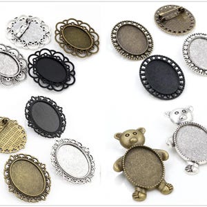 5pcs 18x25mm Inner Size Antique Silver and Bronze and Black Brooch Pin Cameo Cabochon Base Setting