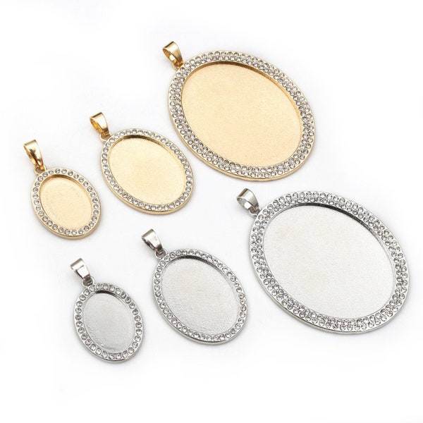 5pcs 13x18mm 18x25mm 30x40mm Inner Size Rhodium KC Gold Plated Transparent Rhinestone Style Cameo Cabochon Base Setting Pendant