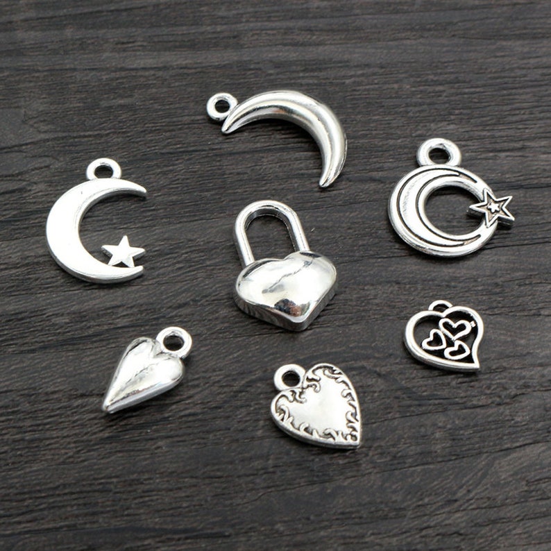 40pcs Antique Silver Plated Moon Heart Small Charms Pendant DIY Handmade Jewelry Findings for Bracelet Necklace Accessories image 3