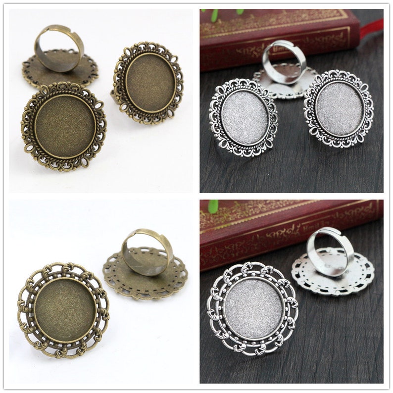 20mm 5pcs Antique Silver and Bronze Plated Brass Adjustable Ring Settings Blank/Base,Fit 20mm Glass Cabochons,ButtonsRing Bezel image 2