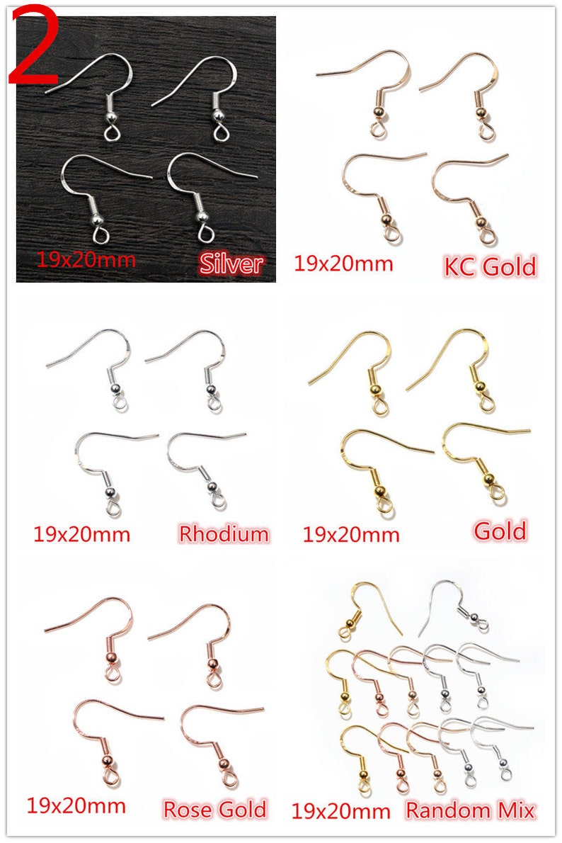 May include: Four sets of earring hooks in different finishes: silver, KC gold, rhodium, and rose gold. Each set includes four hooks, measuring 19x20mm. A fifth set includes a mix of all four finishes.