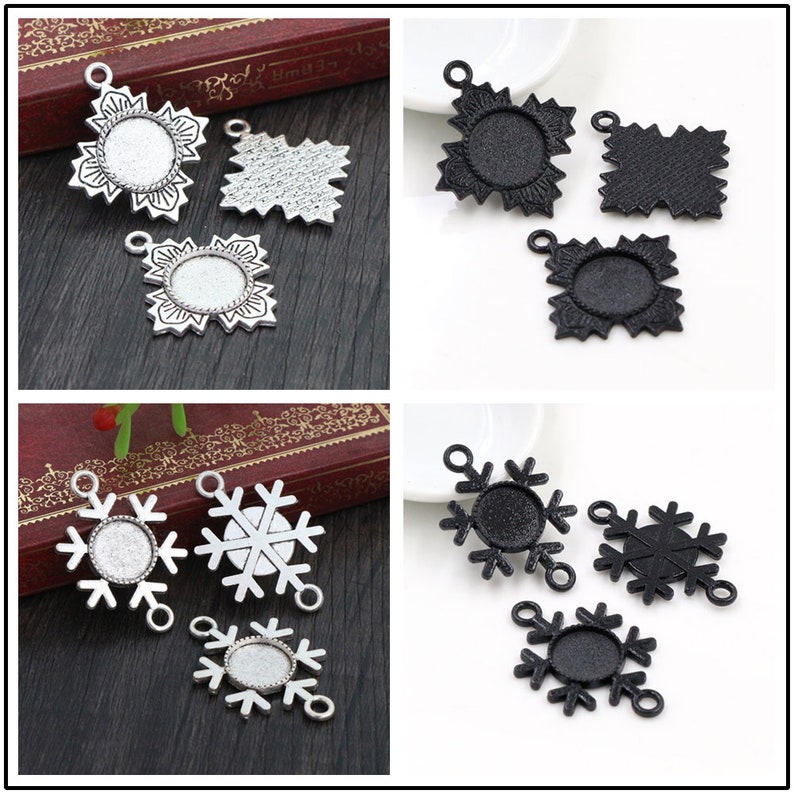 15pcs 12mm Inner Size Antique Silver and Bronze and Black Colors Simple Style Cabochon Base Cameo Setting Charms Pendant image 4