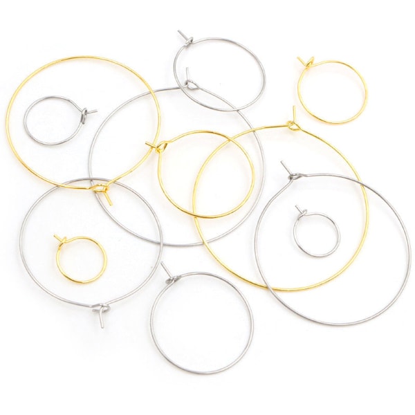 50pcs/lot 12 15 20 25 30 35 40mm 316 Stainless Steel Gold Plated Hoops Earrings Big Circle Ear Wire Hoops Earrings Wires Jewelry Supplies