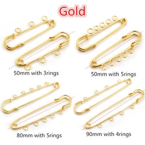 5pcs/lot Safety Pins Brooch Blank Base Brooch Pins 50/80/90mm Pins 3/5 Rings Jewelry Pin for Jewelry Making Supplies Accessorie Gold