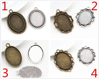 10pcs 18x25mm Inner Size Antique Silver and Bronze Flowers Style Cameo Cabochon Base Setting Charms Pendant necklace findings