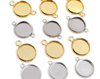 New 20pcs 12mm Inner Size Stainless Steel Gold Plated Single/Double Loop Style Cabochon Base Cameo Setting Charms Pendant Tray