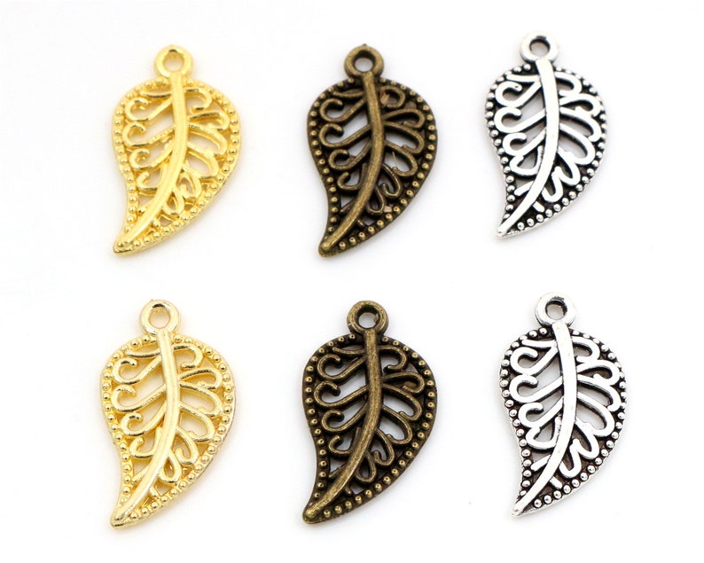 40pcs 17x10mm Antique Silver and Bronze and Gold Colors Plated Leaf Style Handmade Charms Pendant:DIY for bracelet necklace image 1