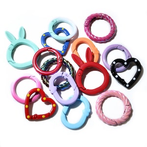 May include: Assortment of colorful plastic and metal keychains in various shapes, including hearts, circles, and a bunny rabbit. The keychains are designed with a spring-loaded clip for attaching to keys, bags, or other items.