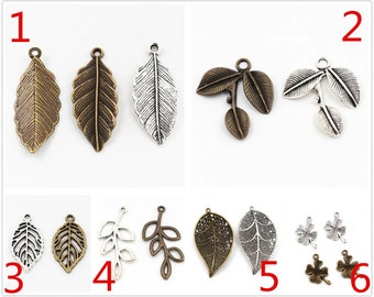 12/10/5/40pcs Antique Argent et Bronze Plaqué Feuille ou Plume Style Pendentif Charmes Faits À La Main: DIY pour bracelet collier-