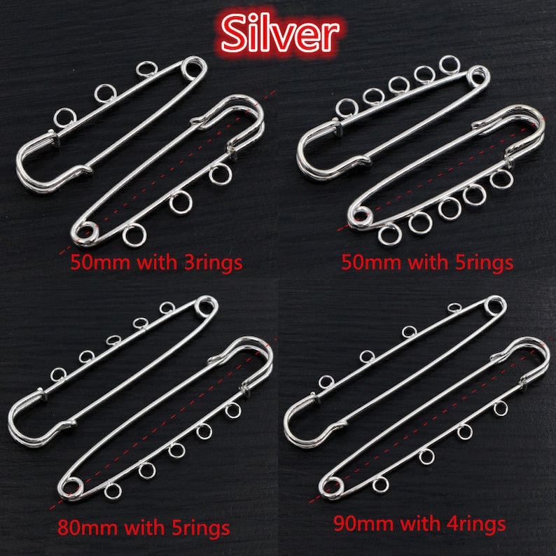 5pcs/lot Safety Pins Brooch Blank Base Brooch Pins 50/80/90mm Pins 3/5 Rings Jewelry Pin for Jewelry Making Supplies Accessorie Silver
