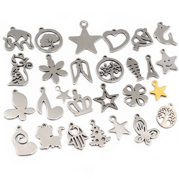 30pcs/lot No Fade 316 Stainless Steel Star Heart Fish Cat Charms Pendant for DIY Necklace Bracelet Craft Jewelry Making Findings
