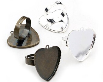 25mm 10 Stück Bronze / Silber überzogene Herz-Stil Einstellbare Ringeinstellungen Rohling / Basis, passend für 25mm Glascabochons, Knöpfe; Ring Einfassungen