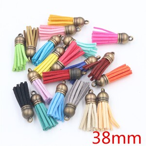 10pcs 38mm 55mm Full length Suede Tassel Per Portachiavi Cellulare Straps Gioielli Charms, Tasseli in pelle con cappellini d'oro bronzo d'argento 38mm-Mix Bronze