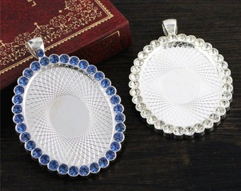 2pcs 30x40mm Tamaño interior Plateado brillante transparente y azul estilo pedrería Cameo Cabochon Base Ajuste colgante