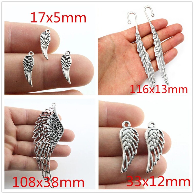 50/6/1/10/pcs 18x5/51x17/108x38/33x12/31x11/21x8mm/ Antique Silver Wings Feathers Charm image 3