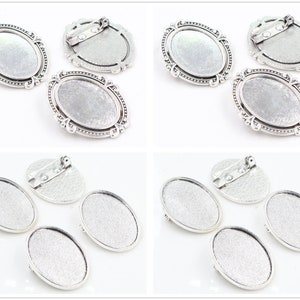 5pcs 18x25mm Inner Size Antique Silver Brooch Pin Classic Flower Style Cameo Cabochon Base Setting Tray image 1