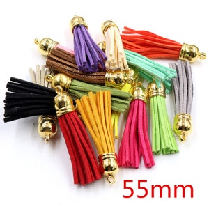 10pcs 38mm 55mm Full length Suede Tassel Per Portachiavi Cellulare Straps Gioielli Charms, Tasseli in pelle con cappellini d'oro bronzo d'argento 55mm-Mix Gold