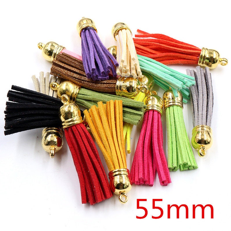 10pcs 38mm 55mm Full length Suede Tassel Per Portachiavi Cellulare Straps Gioielli Charms, Tasseli in pelle con cappellini d'oro bronzo d'argento 55mm-Mix Gold