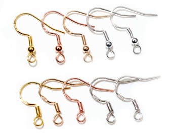 May include: A set of 10 earring hooks in three different finishes: gold, rose gold, and silver. The hooks are made of metal and have a spring-loaded closure.