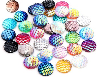 40pcs/lot 8mm 10mm 12mm Multi-Colors Fish Scale Style Flat Back Resin Cabochons Dome For DIY Jewelry Findings Bracelet Earrings Accessories