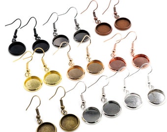 10pcs 12mm Tray Bezel Cabochon Earring Hook Blank Setting Round Pendant Ear Base Findings For DIY Glass Cameo Jewelry Making