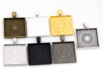 5pcs 20mm 25mm Inner Size 7 Colors Plated Square Cabochon Base Setting Charms Pendant,Fit 20 25mm Square Glass Cabochons