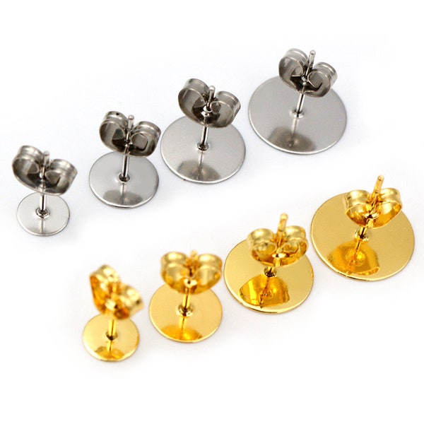 50-100pcs/lote oro acero inoxidable pendientes Studs blanco Post Base Pins con pendientes Plug Findings Ear Back para diy joyería haciendo