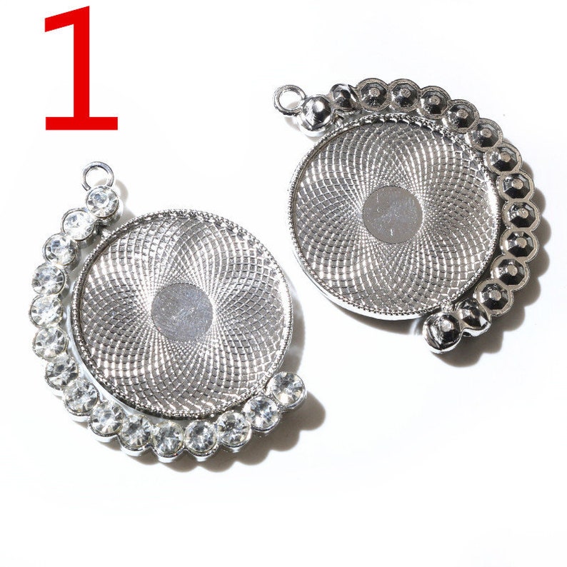 5pcs 30mm Inner Size Rotation Double Side Two Style Rhodium color Rhinestones Cabochon Base Setting Charms Pendant 1