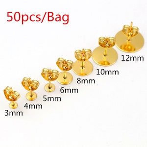 50-100pcs/lot Gold Stainless Steel Earring Studs Blank Post Base Pins With Earring Plug Findings Ear Back For DIY Jewelry Making Stainless Steel Gold