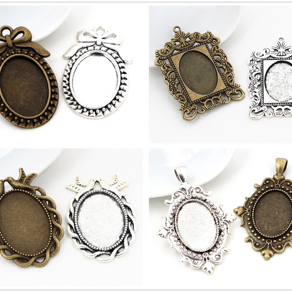 10pcs 18x25mm Inner Size Antique Silver and Bronze Fashion Style Cameo Cabochon Base Setting Charms Pendant collana risultati