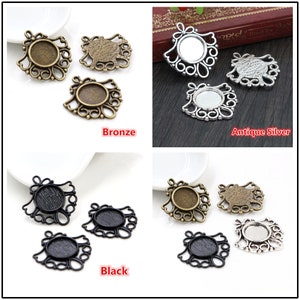 15pcs 12mm Inner Size Antique Silver and Bronze and Black Colors Simple Style Cabochon Base Cameo Setting Charms Pendant image 3